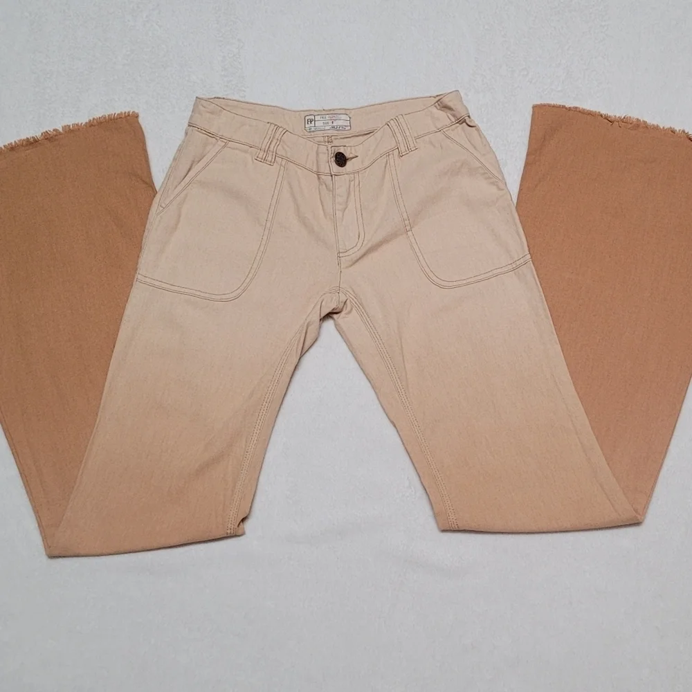 Rare Free People Beige Tan Ombre Linen Low Rise Raw Cut Bell Bottom Jeans